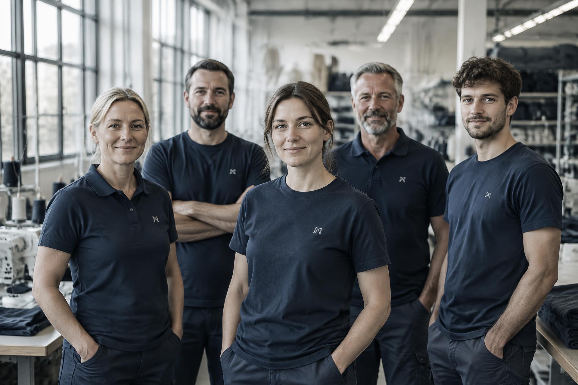 Equipa de trabalho vestida com polos e t-shirts personalizados numa unidade de produção têxtil